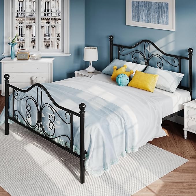 SHA CERLIN Full Size Bed Frame with Headboard,Metal Bed Frame with Butterfly Pattern Design Headboard & Footboard,No Box Spring Needed,Easy Assembly,Black