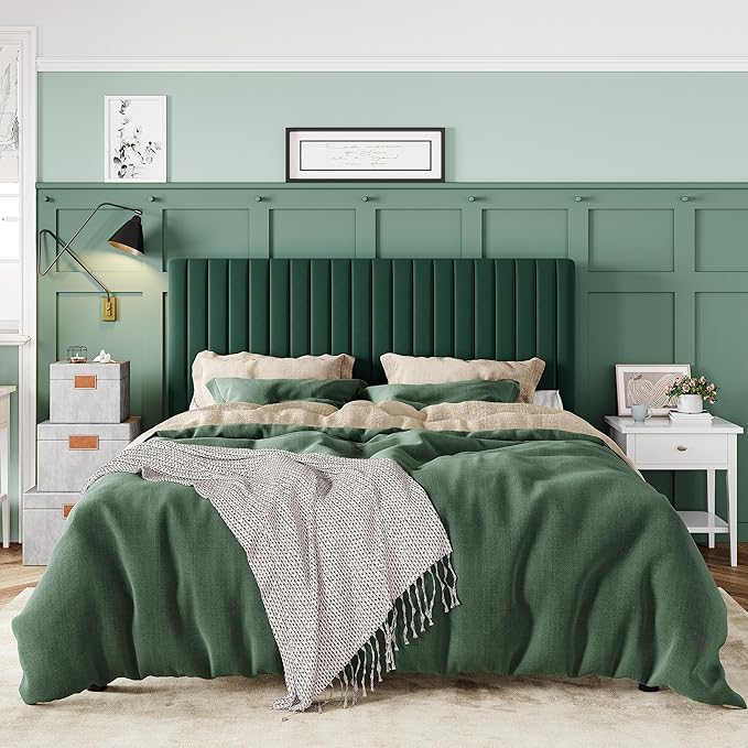 Allewie Queen Bed Frame, Velvet Upholstered Platform Bed with Adjustable Vertical Channel Tufted Headboard, Mattress Foundation with Strong Wooden Slats, Box Spring Optional, Easy Assembly, Green