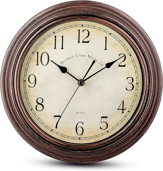 Bernhard Products Vintage Wall Clock Silent Non Ticking - 12 Inch Quality Quartz Battery Operated Decorative Brown Clock for Home Kitchen Living/Dining Room Office Decor, Easy to Read, Rustic Bronze