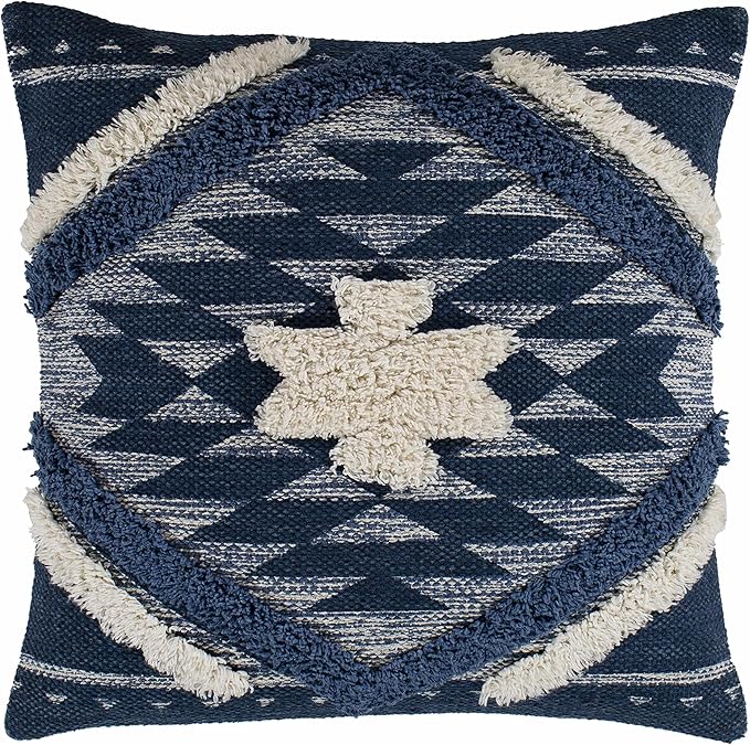 Hauteloom Shepardsville Decorative Throw Pillow Cover - Sofa Couch Cushion Cover - Boho Farmhouse Lumbar Pillow Cover -%100 Cotton - Dark Blue, Off White - Square 22" x 22"
