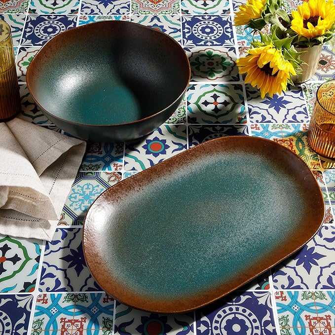 Bloomhouse Palermo Sun 2 Piece Serving Bowl and Oval Platter Stoneware Reactive Glaze Serveware Set - Agave Blue