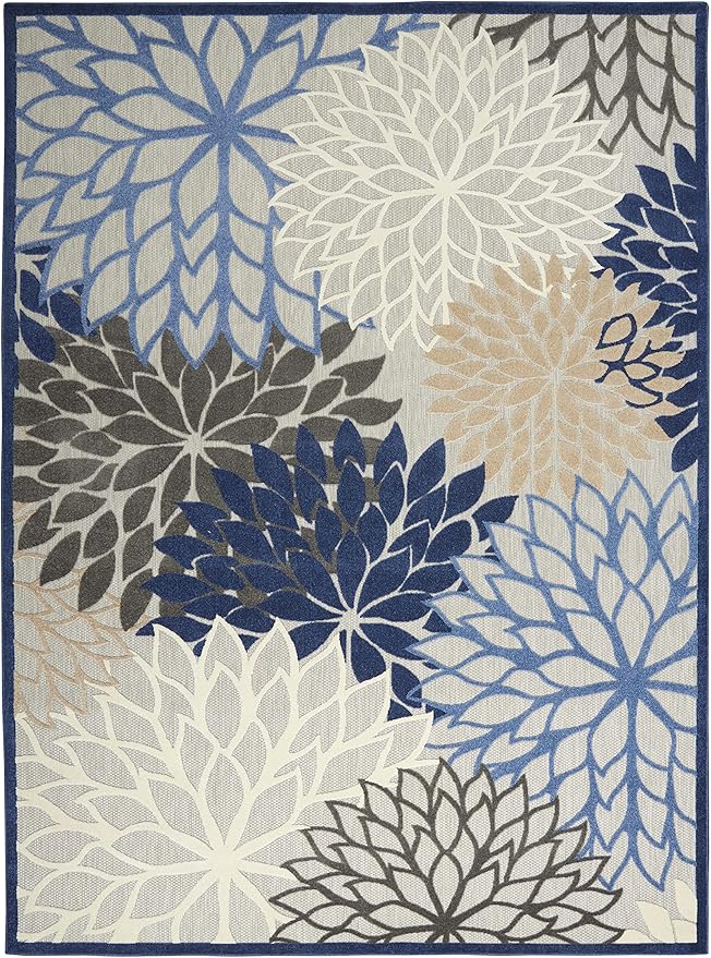 Nourison Home Aloha Indoor/Outdoor Blue/Multicolor 12' x 15' Area-Rug, Tropical, Botanical, Easy-Cleaning, Non Shedding, Bed Room, Living Room, Dining Room, Deck, Backyard, Patio (12x15)