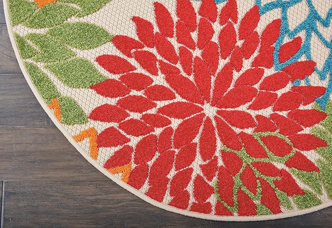 Nourison Aloha Indoor/Outdoor Green 5'3'' x Round Area-Rug, Tropical, Botanical, Easy-Cleaning, Non Shedding, Bed Room, Living Room, Dining Room, Deck, Backyard, Patio (5 Round)