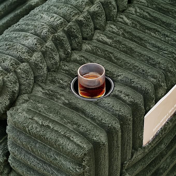 KEIKI 113'' Oversized Ribbed Chenille Modular Sectional with Ottoman, Deep-Seat Cloud Sofa with Cup Holder & Storage Pouch, Indoor Chaise Lounge Boneless Chair for Office, Studio & Creative Workspaces