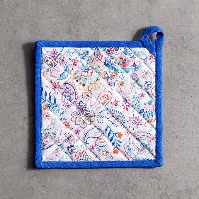 Maison d' Hermine Pot Holders 100% Cotton Heat Resistant Potholders 8" x 8" Hot Pads with Loop BBQ, Cooking, Baking, Grilling, Kitchen, Handling Hot Pans Spring/Summer (Pack of 1, Indian Floral)