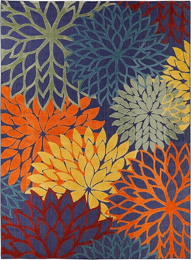 Nourison Home Aloha Indoor/Outdoor Modern Navy Multicolor 7'10" x 10'6" Area Rug, Easy Cleaning, Non Shedding, Bed Room, Living Room, Dining Room, Backyard, Deck, Patio (8x11)