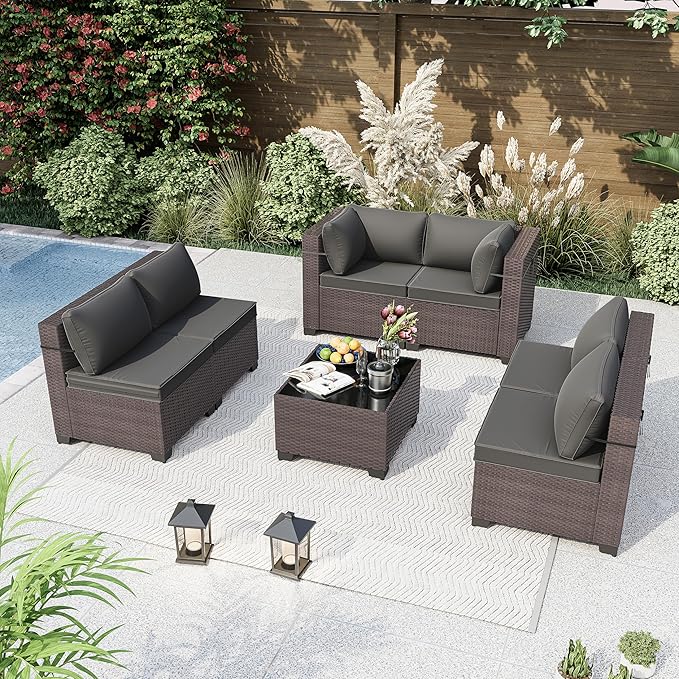 Kurapika 7 Pieces Patio Furniture Set, Rattan Wicker Outdoor Conversation Sets w/4 Inch Cushion and Glass Coffee Table(Grey)