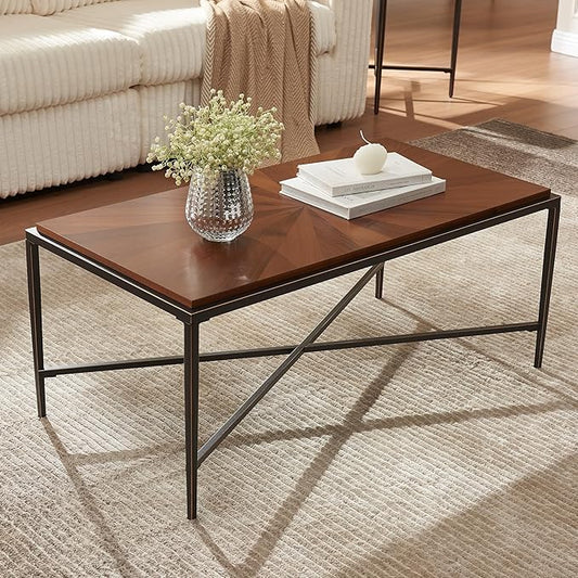 EDYO LIVING Mid Century Modern Coffee Table with Cross Metal Legs, 41.3” Wooden Single Tier Coffee Table, Retro Accent Sofa Center Table for Living Room, Home Office, Brown