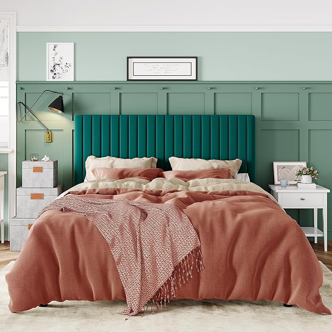 Allewie Full Bed Frame, Velvet Upholstered Platform Bed with Adjustable Vertical Channel Tufted Headboard, Mattress Foundation with Strong Wooden Slats, Box Spring Optional, Easy Assembly, Teal