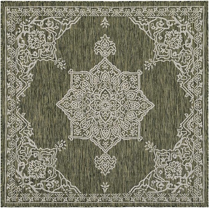 Unique Loom Outdoor Traditional Collection Area Rug - Antique (5' 3" Square Green/Ivory)