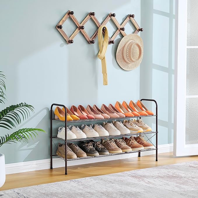 Hoctieon 3 Tier Mesh Style Shoe Rack, Entryway Shoe Shelf, Shoe Storage Organizer, Shoe Rack for Closet, Space Save for Bathroom, Garage, Hallway, Bedroom, Living Room, Brown