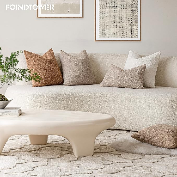 Foindtower Pack of 2 Textured Boucle Throw Pillow Covers Accent Solid Pillow Cases Cozy Soft Decorative Couch Cushion Case for Chair Sofa Bedroom Living Room Home Decor, 18 x 18 Inch,Oatmeal