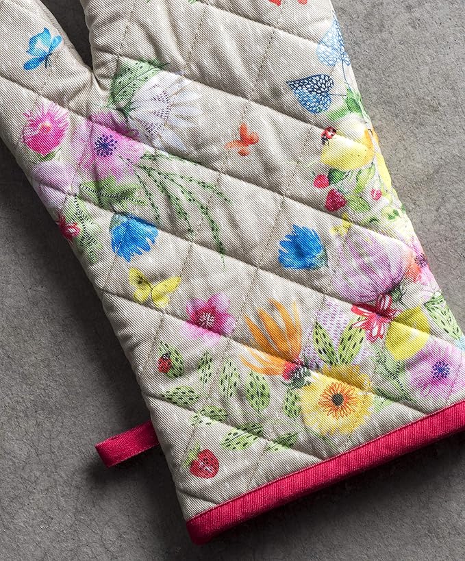 Maison d' Hermine Oven Gloves 100% Cotton Oven Mitt 7" x 13" with Loop Heat Resistant, BBQ, Cooking Gloves, Baking, Grilling, Kitchen, Handling Hot Pans Spring/Summer (Pack of 1, Jardin D'Ete - Fog)