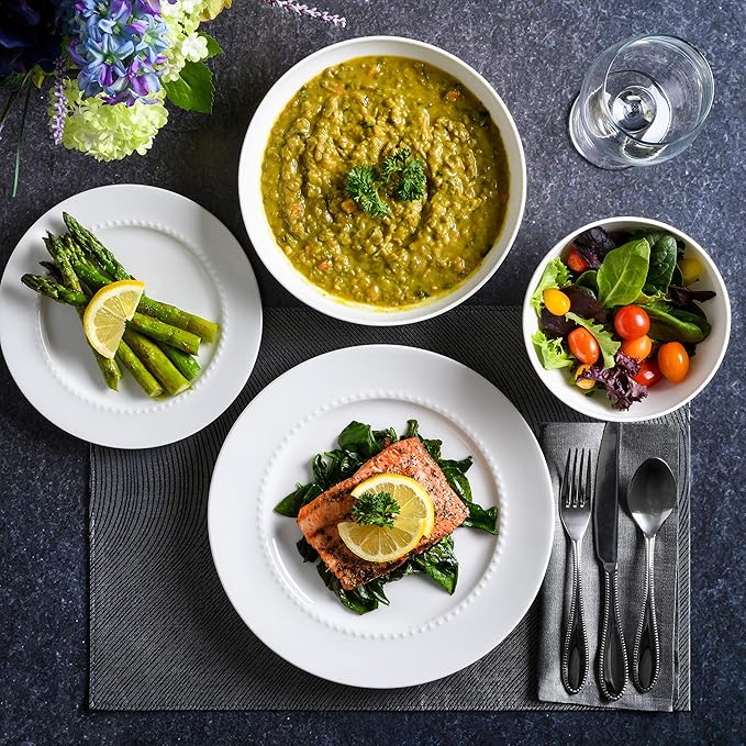 Gibson Elite Embossed Bone China Double Bowl Dinnerware Set, Service for 4 (16pcs), White