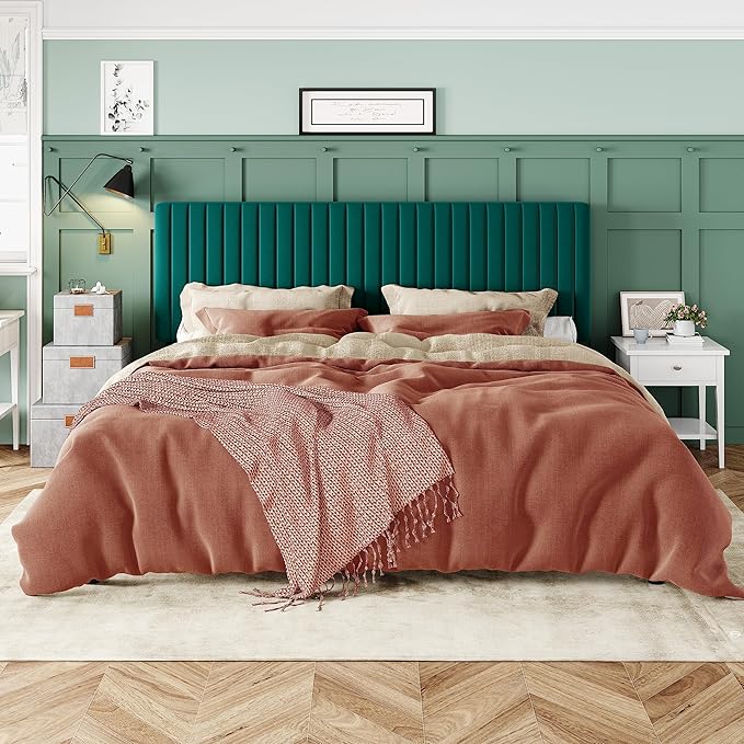 Allewie King Bed Frame, Velvet Upholstered Platform Bed with Adjustable Vertical Channel Tufted Headboard, Mattress Foundation with Strong Wooden Slats, Box Spring Optional, Easy Assembly, Teal