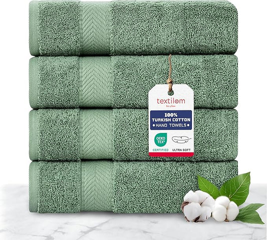 TEXTILOM 100% Turkish Cotton 4 Pcs Hand Towel Set, Luxury Hand Towels for Bathroom, Soft & Absorbent Bathroom Hand Towels Set (16 x 28 inches)- Green