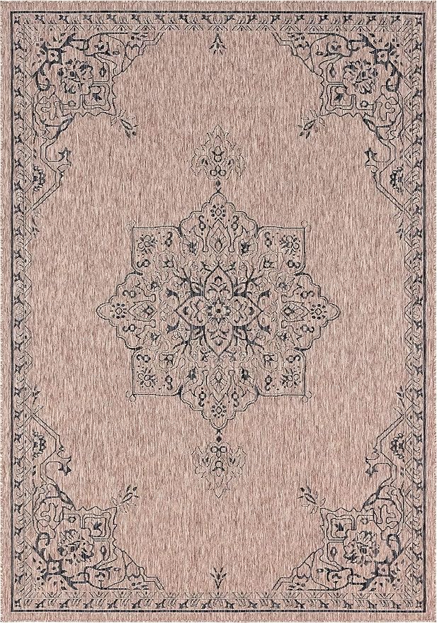 Unique Loom Outdoor Traditional Collection Area Rug - Antique (7' 1" x 10' Rectangle, Beige/ Black)