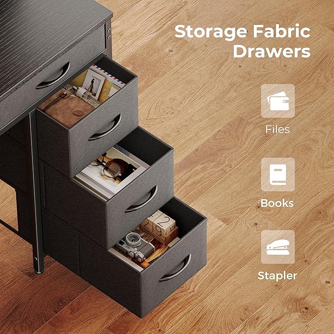 Huuger Gaming Desk with 6 Drawers, Computer Desk with LED Lights Power Outlets and Type-C, 55 Inch Office Desk with Storage, Monitor Stand, Writing Desk Work Desk Home Office, Bedroom, Study, Black