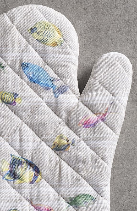 Maison d' Hermine Oven Gloves 100% Cotton Oven Mitt 7" x 13" with Loop Heat Resistant, BBQ, Cooking Gloves, Baking, Grilling, Kitchen, Handling Hot Pans Spring/Summer (Pack of 1, Poisson)