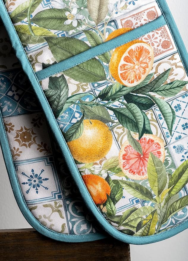 Maison d' Hermine Double Oven Mitts 100% Cotton 7"x35" Double Oven Mitt Heat Resistant BBQ Cooking Gloves with Loop, Baking, Grilling, Home, Kitchen, Handling Hot Pans Spring Summer (Agrume)