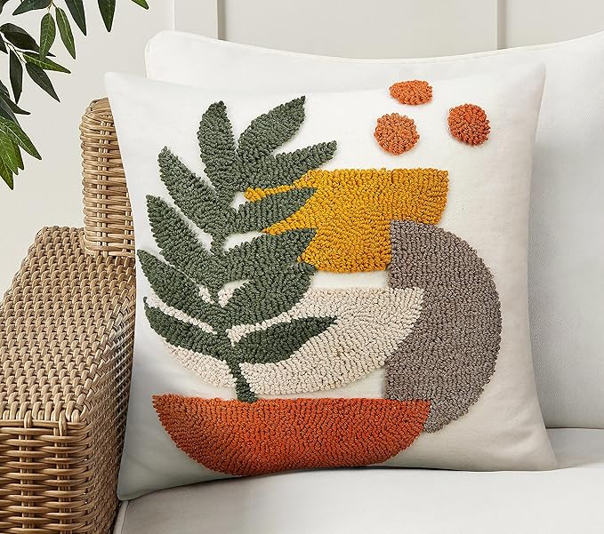 Merrycolor Boho Decorative Throw Pillow Covers Abstract Tufted Mid Century Modern Throw Pillows Green Leaf Sun Aesthetic Textured Pillow Cover Decorative Throw Pillows for Bed Couch Sofa,18x18