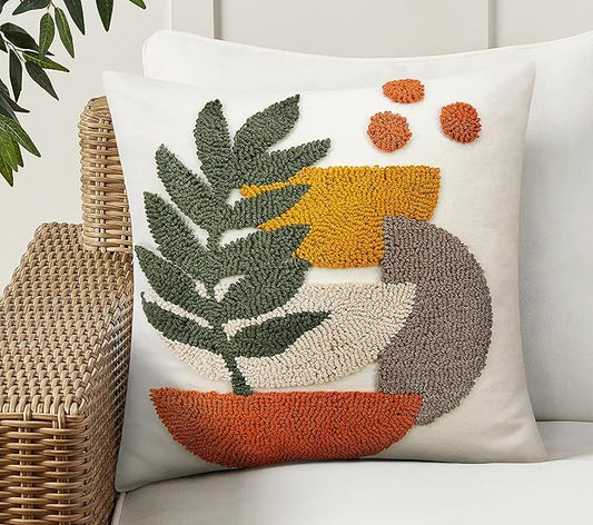 Merrycolor Boho Decorative Throw Pillow Covers Abstract Tufted Mid Century Modern Throw Pillows Green Leaf Sun Aesthetic Textured Pillow Cover Decorative Throw Pillows for Bed Couch Sofa,18x18