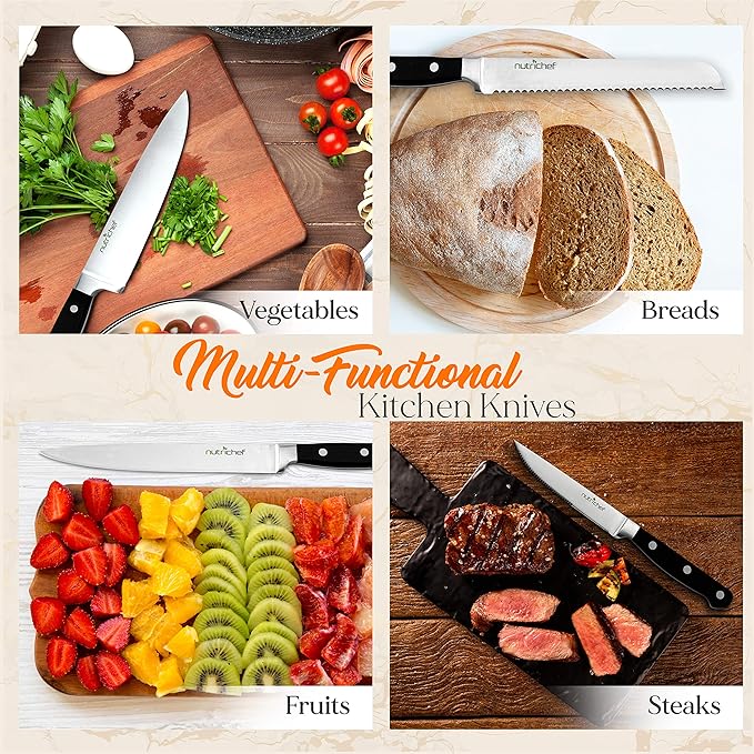 NutriChef 13-Piece Kitchen Knife Set with Wooden Block - Precision Crafted Stainless Steel Knives with Scissors & Built-In Sharpener - Lightweight, Durable, & Razor Sharp - Dishwasher Safe (NCKNS13)