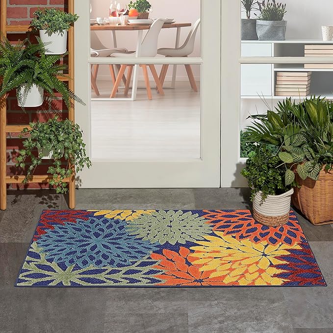 Nourison Home Aloha Indoor-Outdoor Navy Multicolor 2'8" x 4' Area Rug, Easy Cleaning, Non Shedding, Bed Room, Living Room, Dining Room, Backyard, Deck, Patio (3x4)