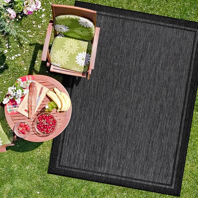CAMILSON Indoor Outdoor Rug, 9x12 Bordered Dark Grey Black Modern Large Area Rugs for Indoor and Outdoor Patios, Kitchen and Hallway Mats, Washable Porch Deck Outside Carpet (Bordered Black, 9 x 12)