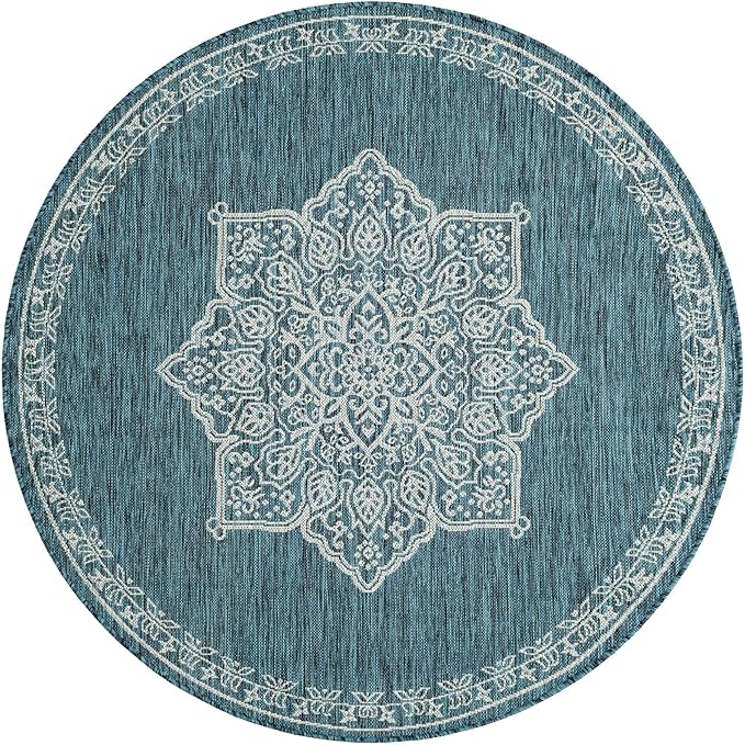 Unique Loom Outdoor Traditional Collection Area Rug - Antique (5' 3" Round Teal/Ivory)