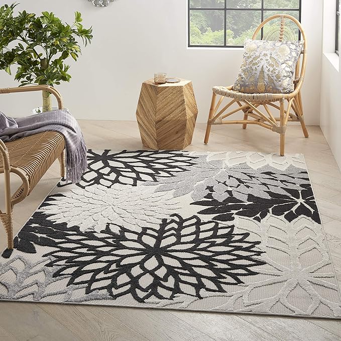 Nourison Aloha Indoor/Outdoor Black White 6' x 9' Area Rug, Tropical, Botanical, Easy Cleaning, Non Shedding, Bed Room, Living Room, Dining Room, Deck, Backyard, Patio (6x9)