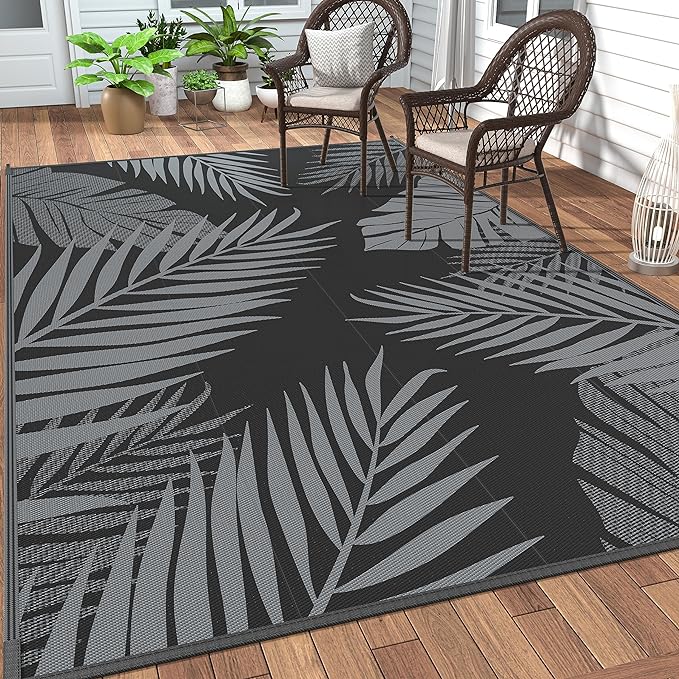 GENIMO Outdoor Rug 5' x 8' Waterproof for Patios Clearance, Reversible Outdoor Plastic Straw Camping Rug Carpet, Large Area Rugs Mats for RV, Picnic, Backyard, Deck, Balcony, Porch, Beach, Black&Grey