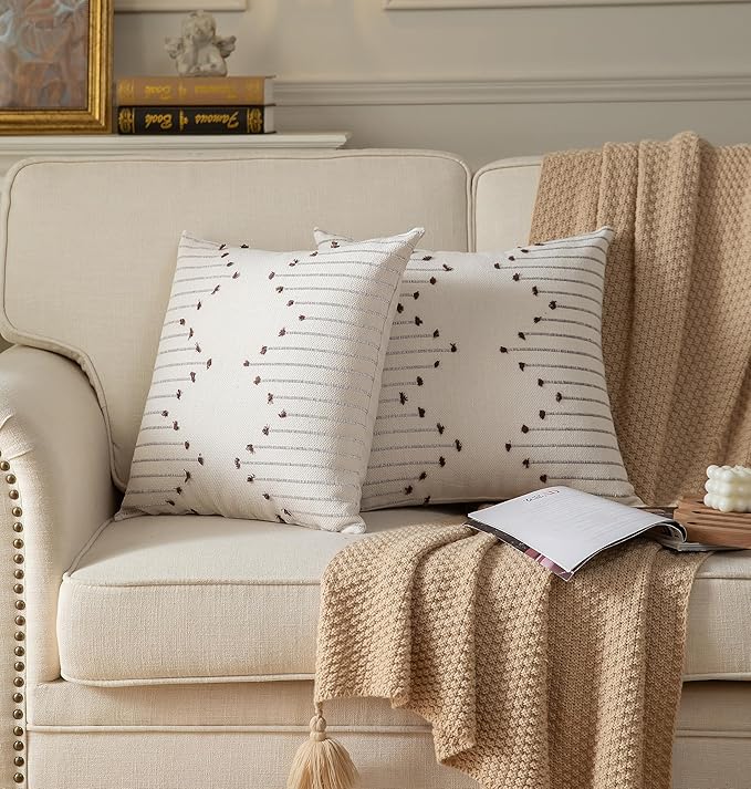 Boho Throw Pillow Covers 18x18 Set of 2 Decorative Pillows for Bed, Neutral Pillow Covers Beige with Coffee Line Throw Pillows for Modern Farmhouse Couch Sofa Living Room Outdoor