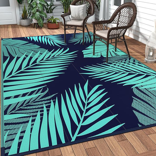 GENIMO Outdoor Rug 6' x 9' Waterproof for Patios Clearance, Reversible Outdoor Plastic Straw Camping Rug Carpet, Large Area Rugs Mats for RV, Camper, Deck, Balcony, Porch, Beach, Navy Blue&Jade Green