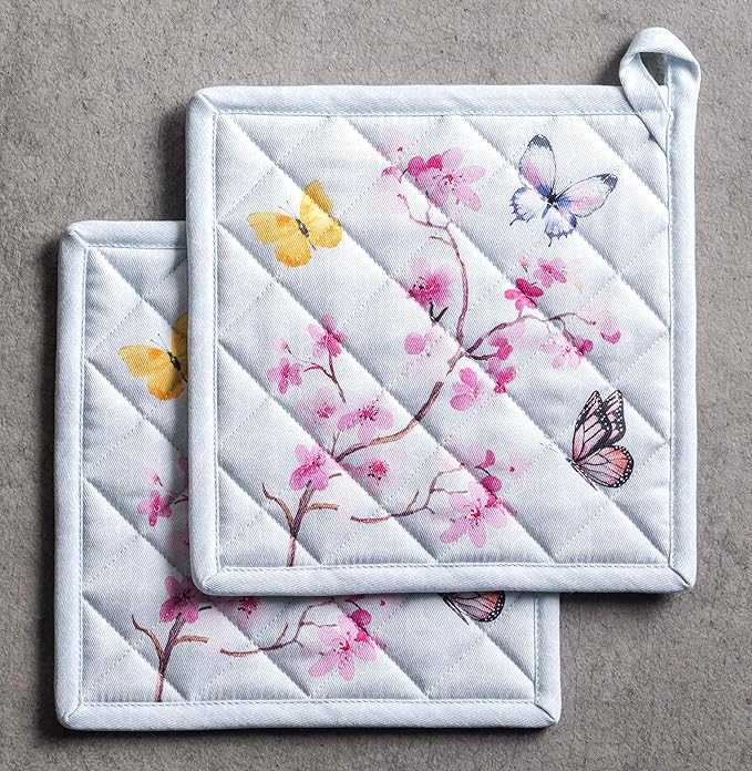 Maison d' Hermine Pot Holders 100% Cotton Heat Resistant Potholders 8" x 8" Hot Pads with Loop BBQ, Cooking, Baking, Grilling, Kitchen, Handling Hot Pans Spring/Summer (Pack of 1, Blossoms in Spring)