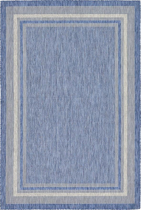 Unique Loom Outdoor Border Collection Area Rug - Soft Border (6' 1" x 9' Rectangle, Blue/ Ivory)