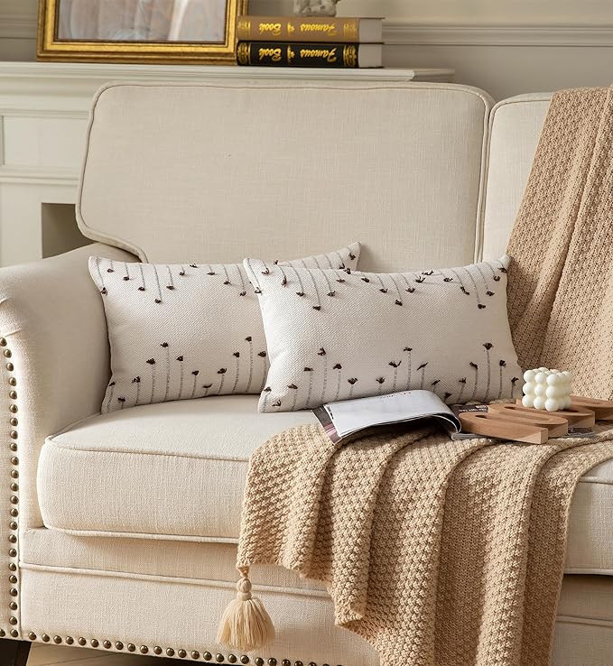 Boho Throw Pillow Covers 12x20 Set of 2 Decorative Pillows for Bed, Neutral Pillow Covers Beige with Coffee Line Throw Pillows for Modern Farmhouse Couch Sofa Living Room Outdoor