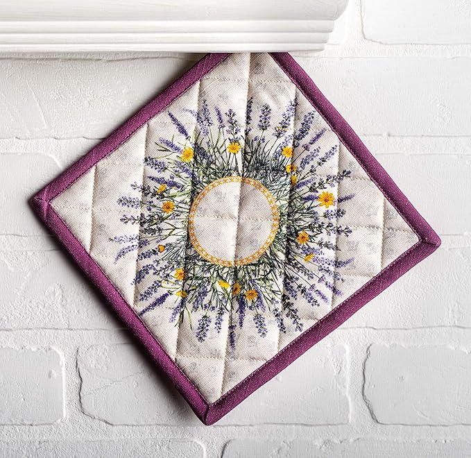 Maison d' Hermine Pot Holders 100% Cotton Heat Resistant Potholders 8" x 8" Hot Pads with Loop BBQ, Cooking, Baking, Grilling, Kitchen, Handling Hot Pans Spring/Summer (Pack of 1, Fanny Lavender)