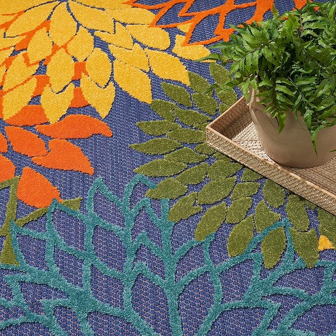 Nourison Home Aloha Indoor-Outdoor Navy Multicolor 5'3" x 7'5" Area Rug, Easy Cleaning, Non Shedding, Bed Room, Living Room, Dining Room, Backyard, Deck, Patio (5x7)