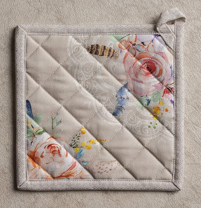 Maison d' Hermine Pot Holders 100% Cotton Heat Resistant Potholders 8" x 8" Hot Pads with Loop BBQ, Cooking, Baking, Grilling, Kitchen, Handling Hot Pans Spring/Summer (Pack of 1, Ibiza - Beige)