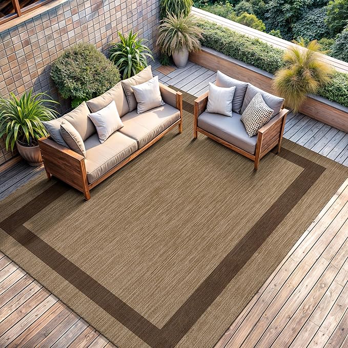 CAMILSON Outdoor Rug 6x9 - Modern Outside Rugs for Patios Porches Waterproof Durable Washable Non-Shedding, Easy-to-Clean Indoor Outdoor Area Carpet (6 x 9, Bordered - Jute)