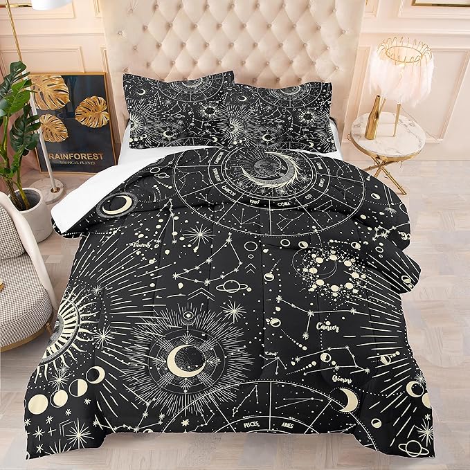 Tailor Shop Sun and Moon Comforter Sets for Kids Boys Teens,Stars Space Psychedelic Bedding Set Full Size,Sun and Moon Bedding Boho Mandala Comforter Sets with 2 Pillowcases