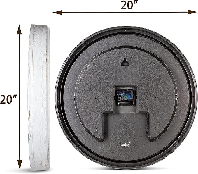 Bernhard Products Large Decorative Wall Clock 20 Inch Silent Non Ticking Battery Operated Quartz Vintage Stylish with Rustic White Rim for Home Living/Dining Room Kitchen & Over Fireplace