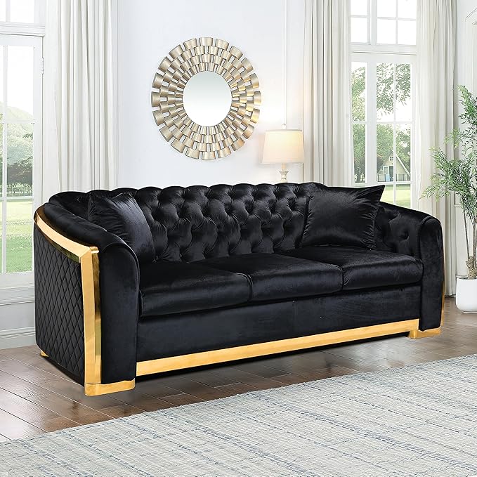 KEIKI 81" Luxury Oversized Velvet Chesterfield Sofa with Gold Stainless Decoration, Mid-Century Style 3-Seater Couch with Tufted Back and Rolled Arms, Easy Assembly, for Apartment, Living Room, Black