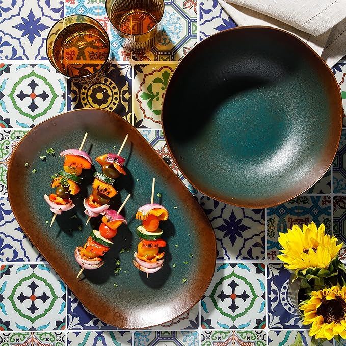 Bloomhouse Palermo Sun 2 Piece Serving Bowl and Oval Platter Stoneware Reactive Glaze Serveware Set - Agave Blue