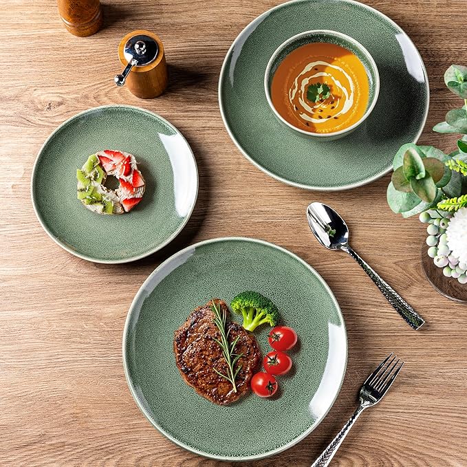 AmorArc Ceramic Dinnerware Sets for 6, 18 Pieces Handpainted Plates and Bowls Set, Scratch Resistant Stoneware Dishes Set, Dishwasher & Microwave Safe, Jade Green