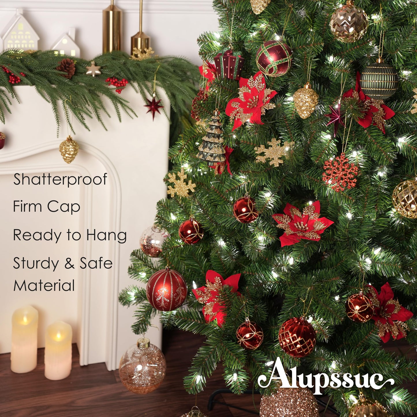 Alupssuc 82pcs Christmas Balls Ornaments Set, Delightful Classic Gift Set, Shatterproof Plastic Decor for Xmas Tree Holiday Wedding Party Decorations with Hanging Strings, Gold, Red and Green