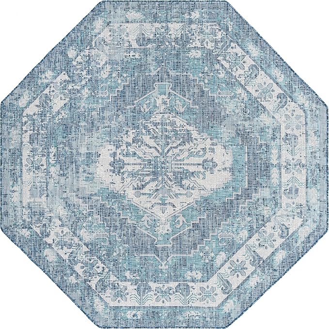 Unique Loom Outdoor Traditional Collection Area Rug - Valeria (7' 10" Octagon, Blue/ Ivory)
