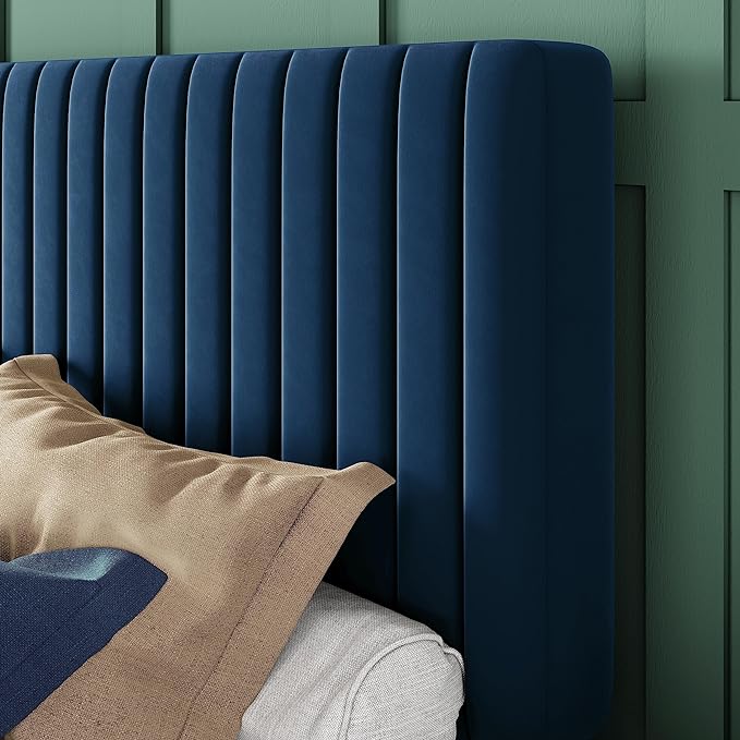 Allewie Full Bed Frame, Velvet Upholstered Platform Bed with Adjustable Vertical Channel Tufted Headboard, Mattress Foundation with Strong Wooden Slats, Box Spring Optional, Easy Assembly, Navy Blue