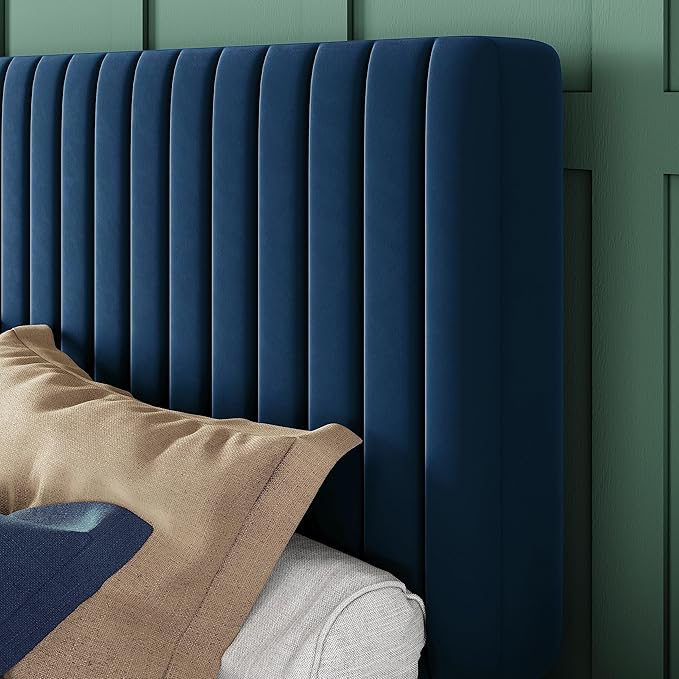 Allewie King Bed Frame, Velvet Upholstered Platform Bed with Adjustable Vertical Channel Tufted Headboard, Mattress Foundation with Strong Wooden Slats, Box Spring Optional, Easy Assembly, Navy Blue